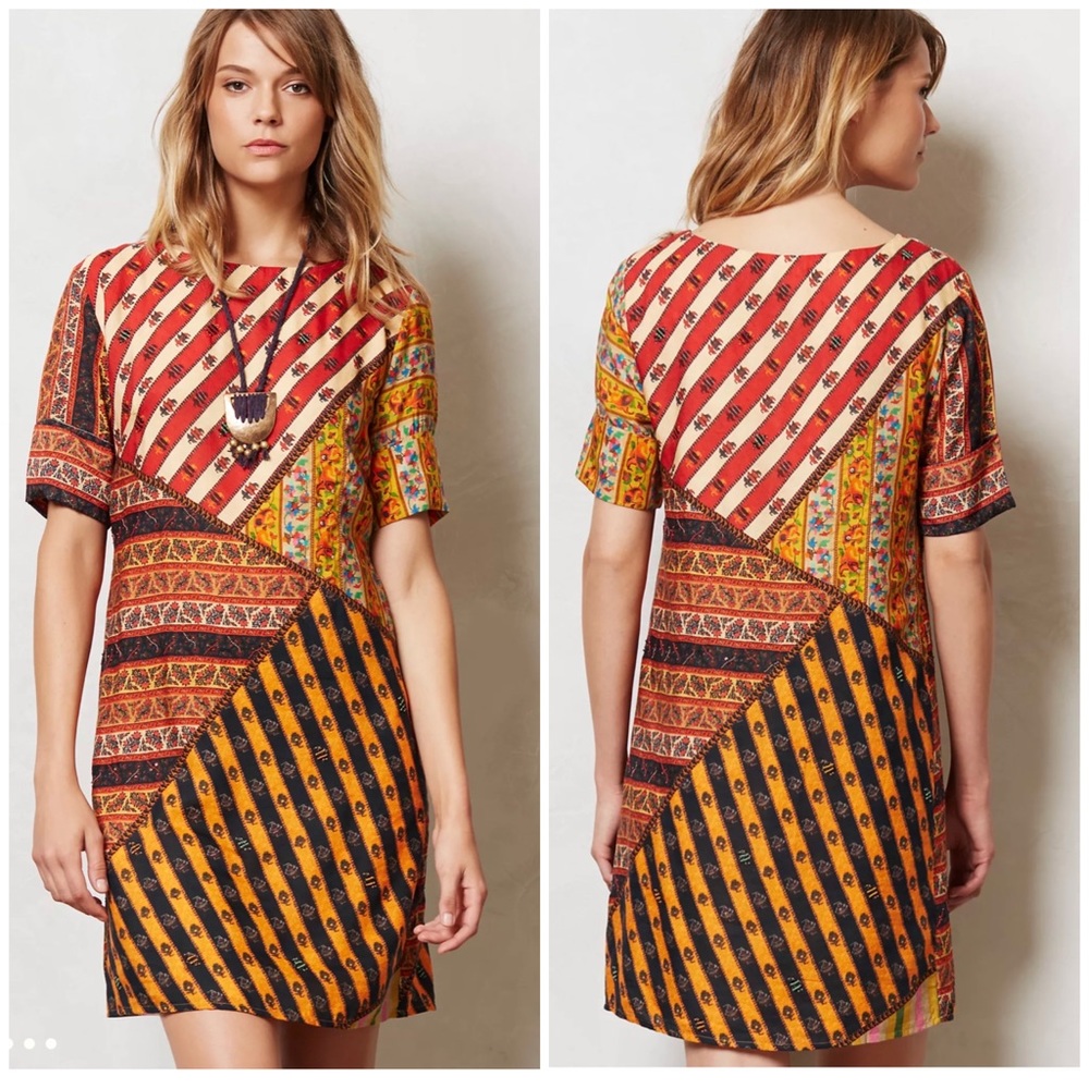 Anthropologie Multi-Print Shift Dress in Red, Yellow, Black, Cream